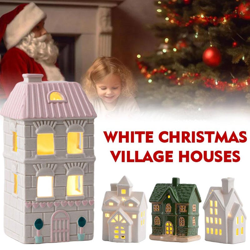 Christmas Village Houses with Warm Light,White Red Green Ceramic Christmas Village Set for DIY, Winter Holiday Home Decor, Tabletop Centerpiece - Image 2
